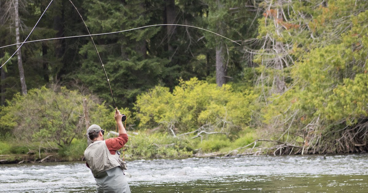 Person casting a fishing line with a fly rod in a river surrounded by trees and greenery.