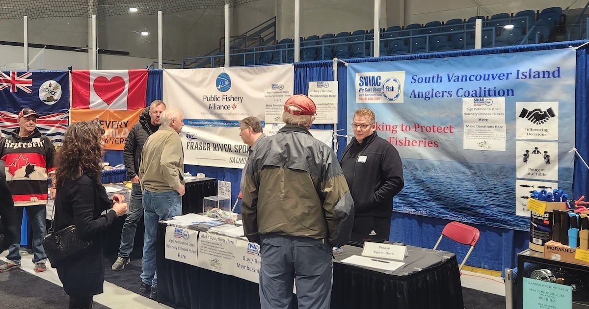Booth at the Victoria Outdoor Show featuring displays from the South Vancouver Island Anglers Coalition and Public Fishery Alliance.
