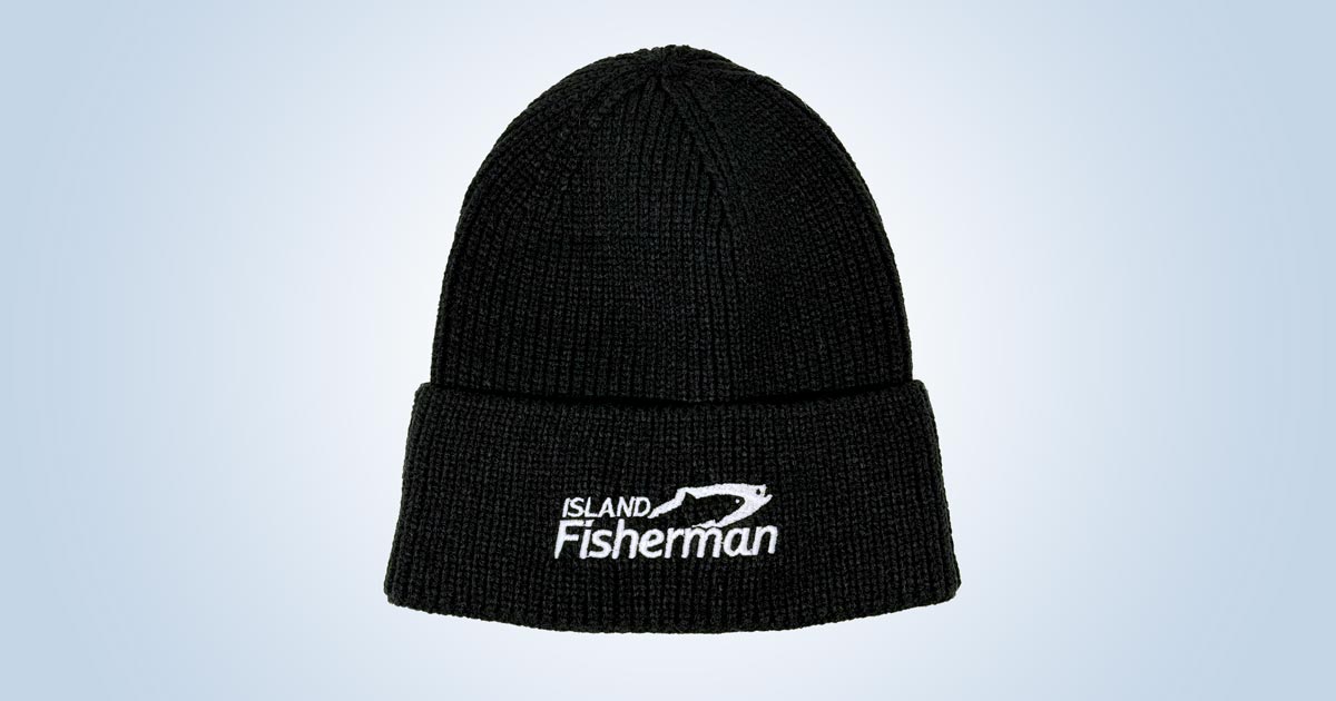 Black knitted toque with 'Island Fisherman' logo and fish graphic embroidered on the front.