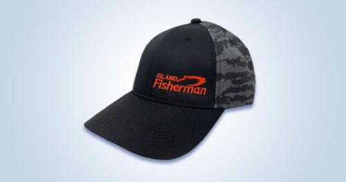 Black baseball cap with a camouflage pattern on the side and 'Island Fisherman' logo in orange on the front.