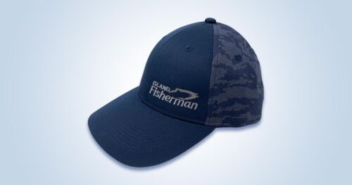 Navy blue cap with a camouflage pattern and the text 'Island Fisherman' embroidered on the front.