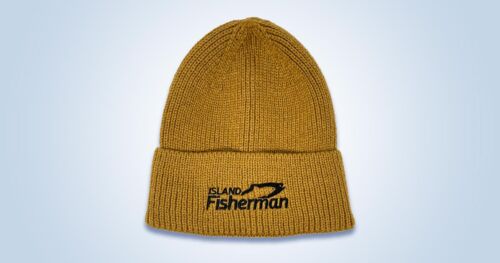 Tan knitted toque with a fold and the text 'Island Fisherman' embroidered in black.