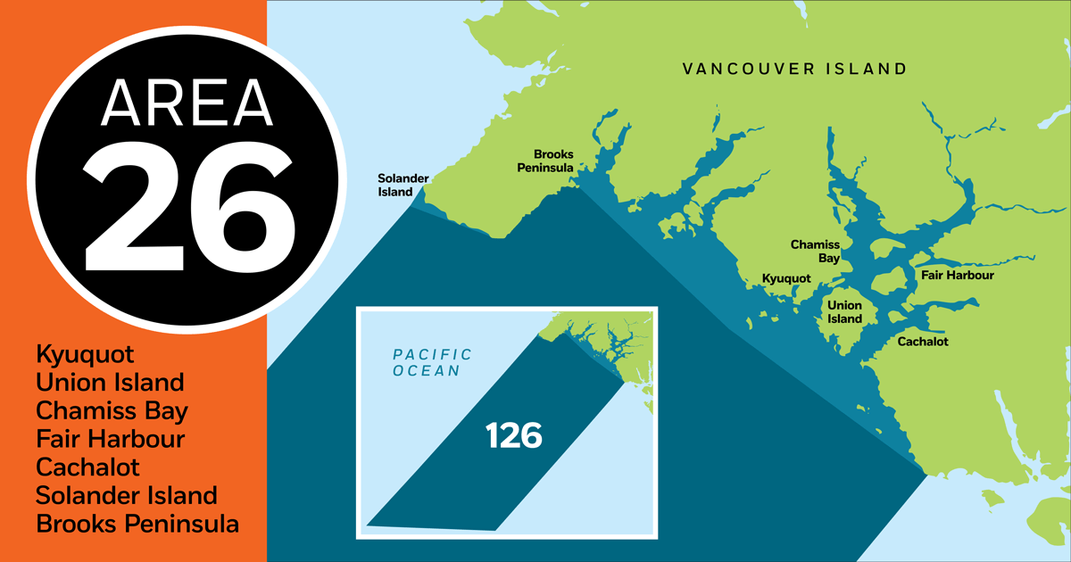 Map of Area 26, highlighting Kyuquot, Union Island, Chamis Bay, Fair Harbour, Cachalot, Solander Island, and Brooks Peninsula.