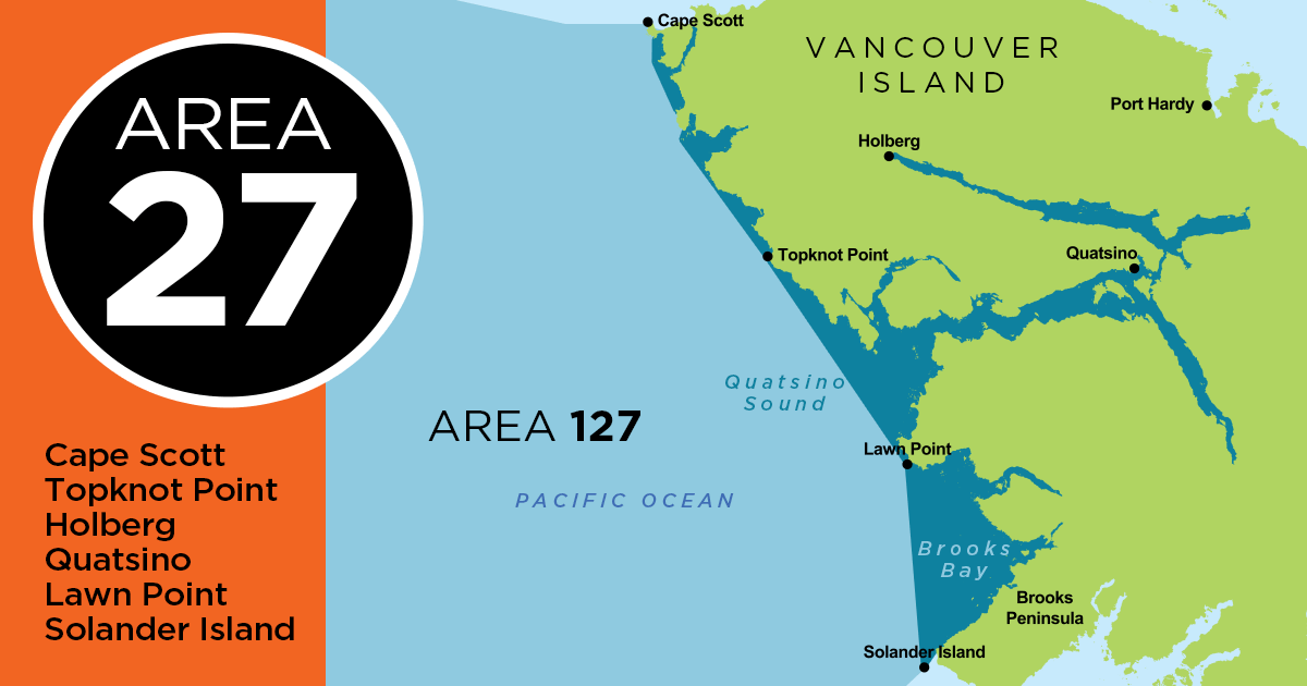 Map of Area 27 on Vancouver Island, detailing locations such as Cape Scott, Topknot Point, and Brooks Peninsula.
