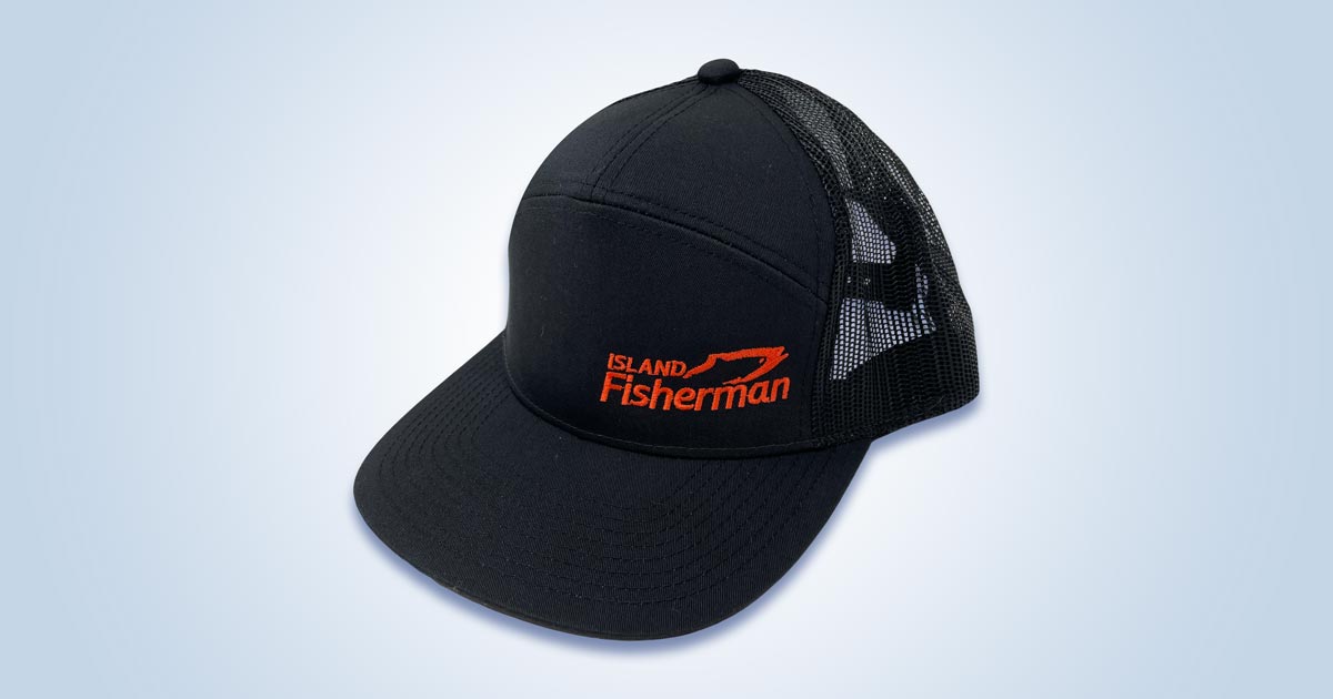 Black mesh cap with an adjustable back and the text 'Island Fisherman' in orange on the front.