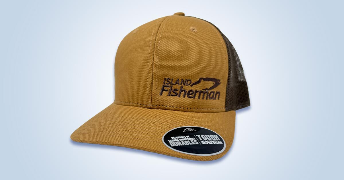 Tan canvas fishing cap with a mesh back and the text 'Island Fisherman' embroidered on the front.