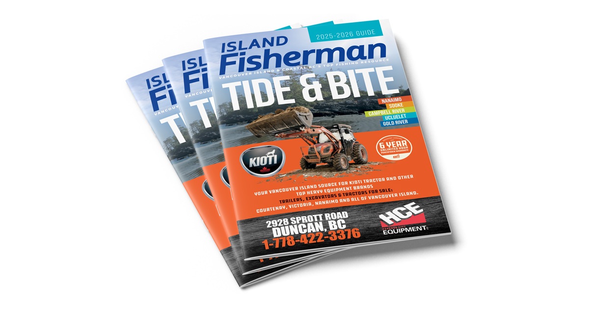 Three copies of the Island Fisherman magazine featuring the Tide & Bite 2025 guide with a Kioti tractor on the cover.