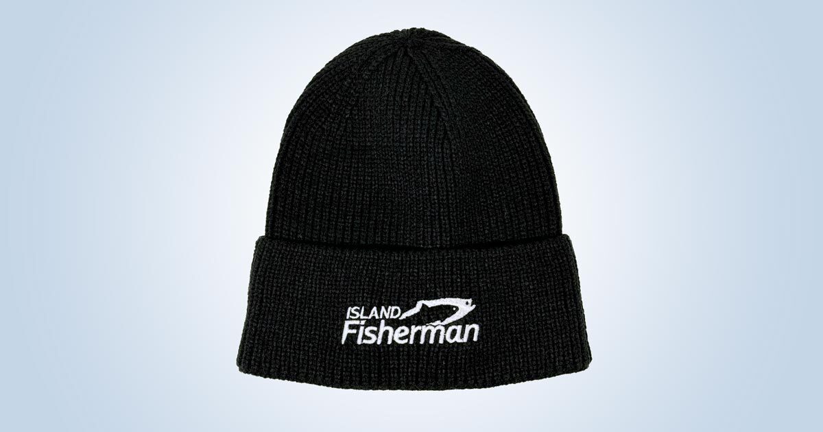Black knitted toque with 'Island Fisherman' logo and fish graphic embroidered on the front.
