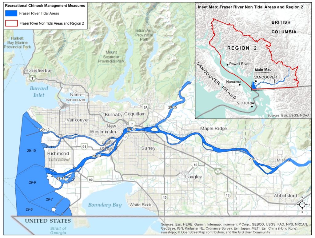 Map of management actions for Fraser River: Region 2, tidal and non-tidal areas