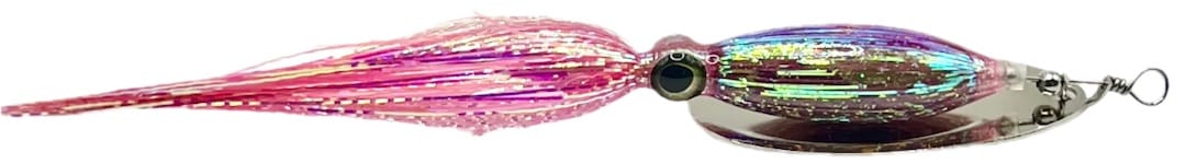 Squid spinner lure with a shiny chrome body and pink, iridescent skirt, designed for fishing applications.