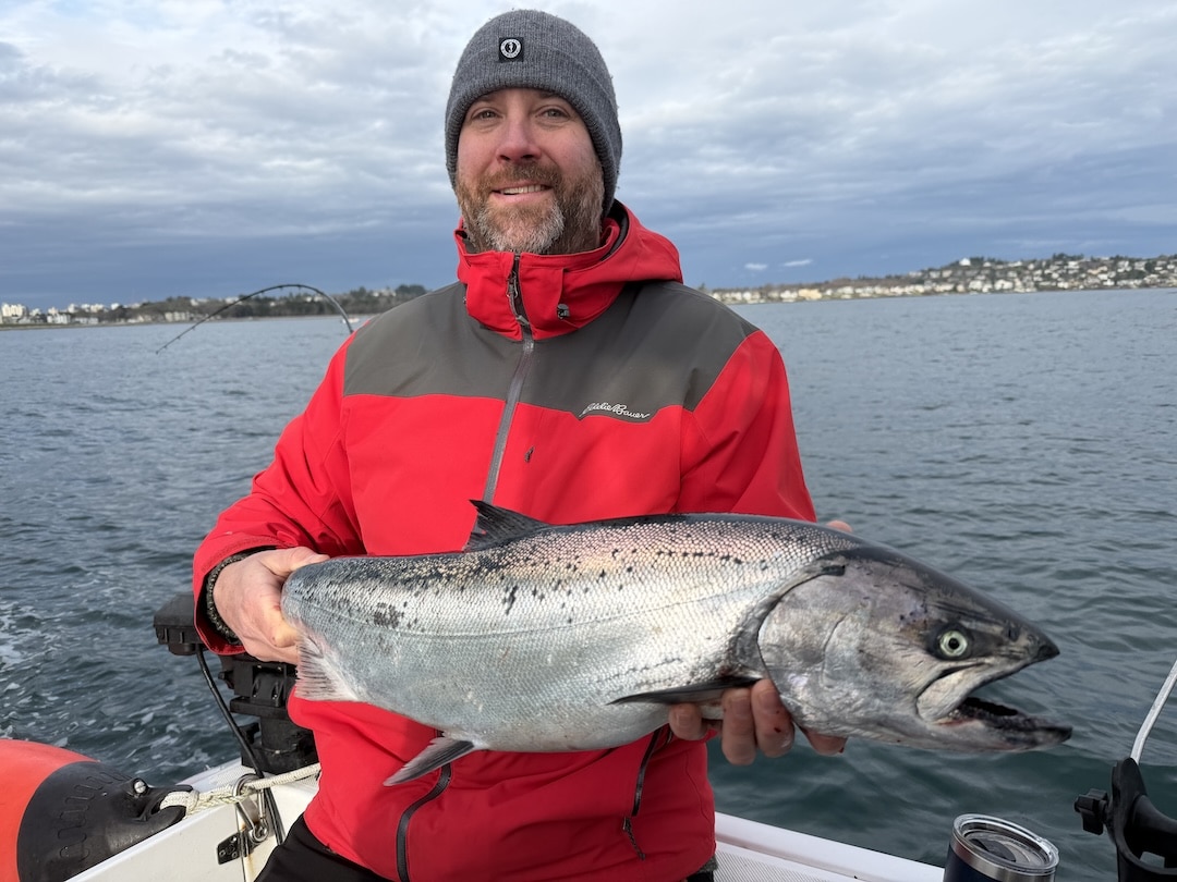 Craig Lehtovarra catching winter Chinook for dinner on the Victoria waterfront