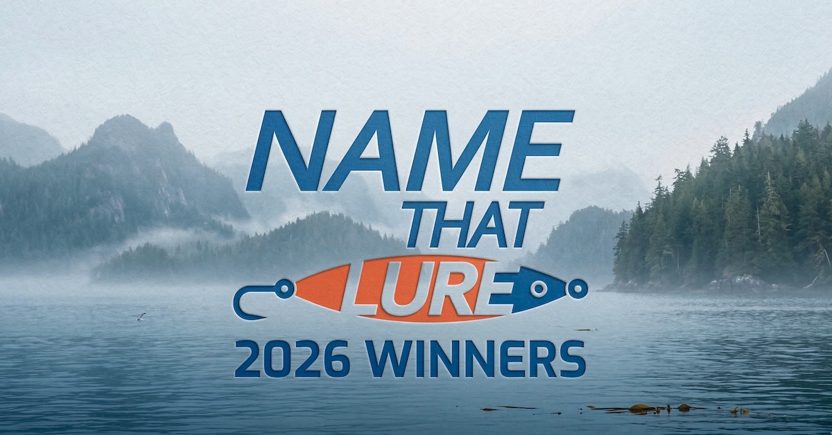 Name That Lure Quiz 2026 Winners. Infographic announcing the 2026 Island Fisherman Magazine Name That Lure Quiz Winners, featuring prizes from Savage Rods, Amundson, Penn, and Gibbs Fishing on a blue and white nautical background.