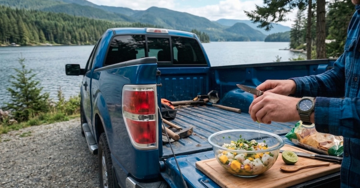 Preparing an easy no-cook halibut ceviche recipe on the tailgate of the truck during a lakeside camping trip.