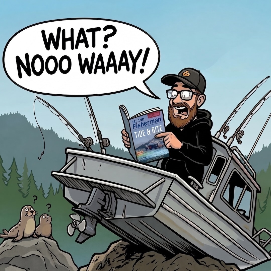 2026-2027 Island Fisherman Tide & Bite Guide – The ONLY Correct PDT Tables Illustration of a fisherman stranded on a rock in a boat, surprised by the Island Fisherman Tide & Bite Guide book.