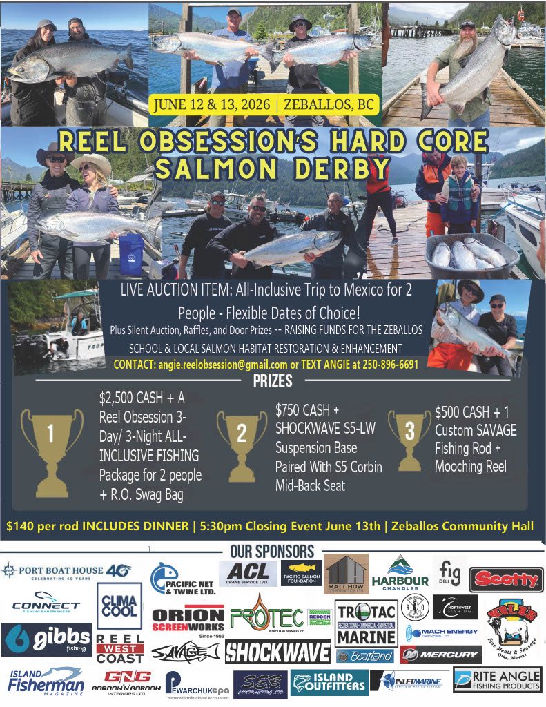 Hard Core Salmon Derby 2026 prize list and sponsors in Zeballos BC.