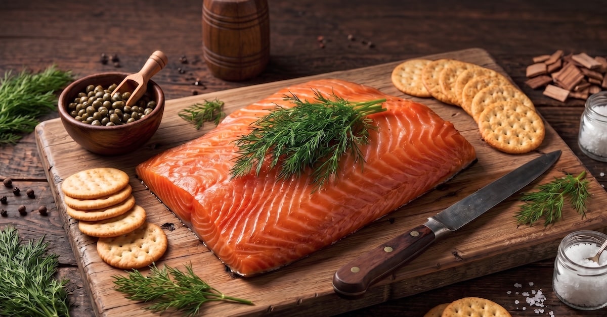 Smoking Salmon: The Ultimate West Coast Best Practices Guide. A technical guide to West Coast smoked salmon served on a rustic wooden platter with crackers, fresh dill, capers, and sea salt, representing Vancouver Island fish preservation techniques.