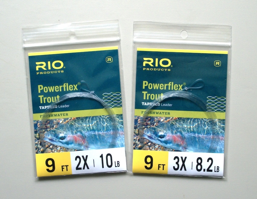 Two packs of RIO Powerflex Trout tapered leaders, 2X and 3X, used to illustrate leader selection in our Fly Fishing Gear Guide.