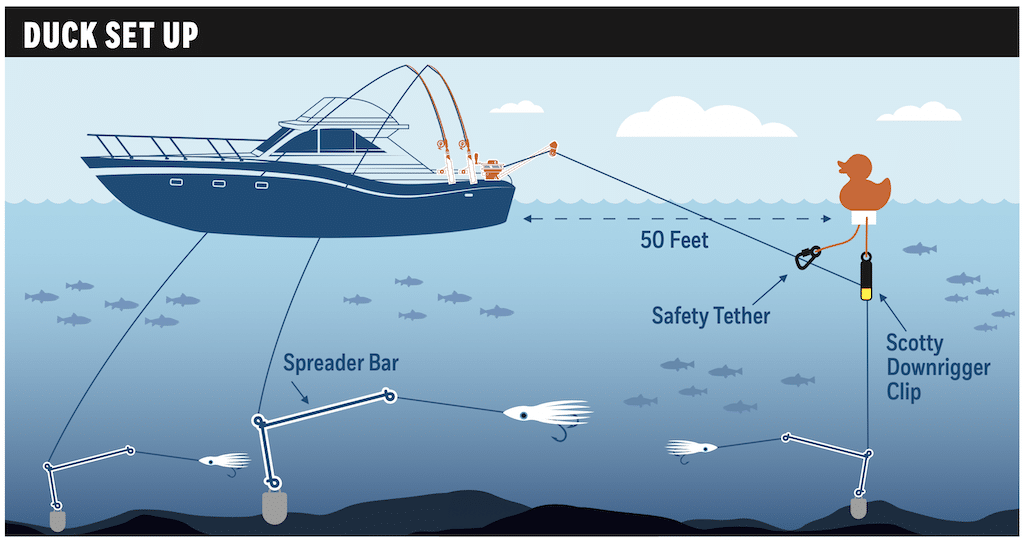 Duck Hunting: The Wild World of Float Fishing for Halibut A detailed technical diagram illustrating float fishing for halibut with a custom duck rig deployed fifty feet away from an anchored sportfishing vessel.