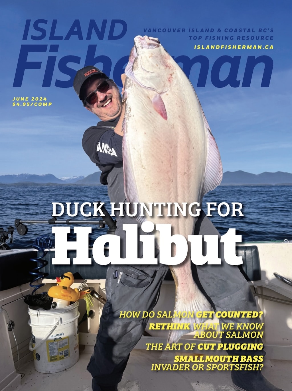 Duck Hunting: The Wild World of Float Fishing for Halibut The June 2024 cover of Island Fisherman Magazine featuring an angler holding a massive Pacific flatfish caught while float fishing for halibut.