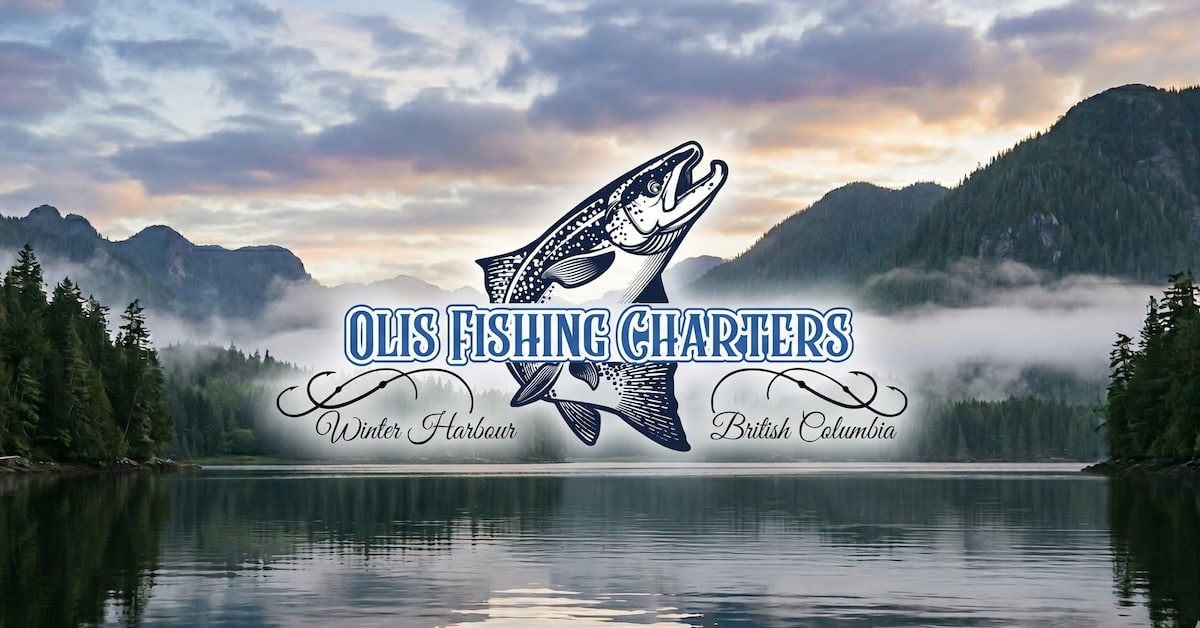 Winter Harbour Fishing at Oli's Charters: Lodging & Guides Winter Harbour fishing charters official logo for Oli's Fishing Charters, centered over a panoramic view of the rugged British Columbia coastline on Vancouver Island, showing forested shorelines, calm ocean water, and local fishing docks.