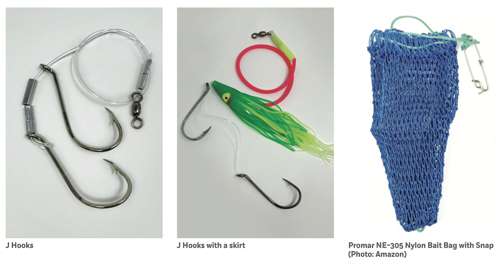 Duck Hunting: The Wild World of Float Fishing for Halibut Essential halibut bottom fishing gear showing dual J-hook rigs, a skirted J-hook presentation, and a blue mesh chum bag.