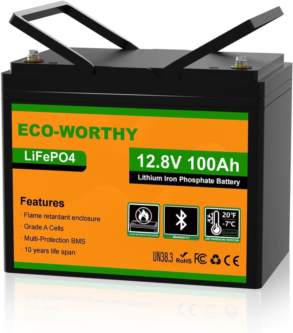 An Eco-Worthy 12.8V 100Ah LiFePO4 Lithium Iron Phosphate battery used for off-grid power to run a Starlink Mini for boat and truck camping setups.