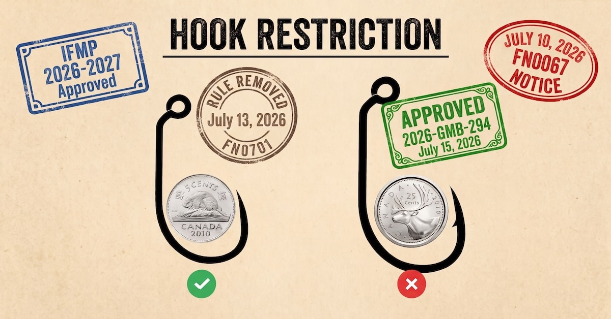 DFO Hook Ban Postponed 2026 Canadian nickel and quarter coin test to measure legal single salmon hook gap width