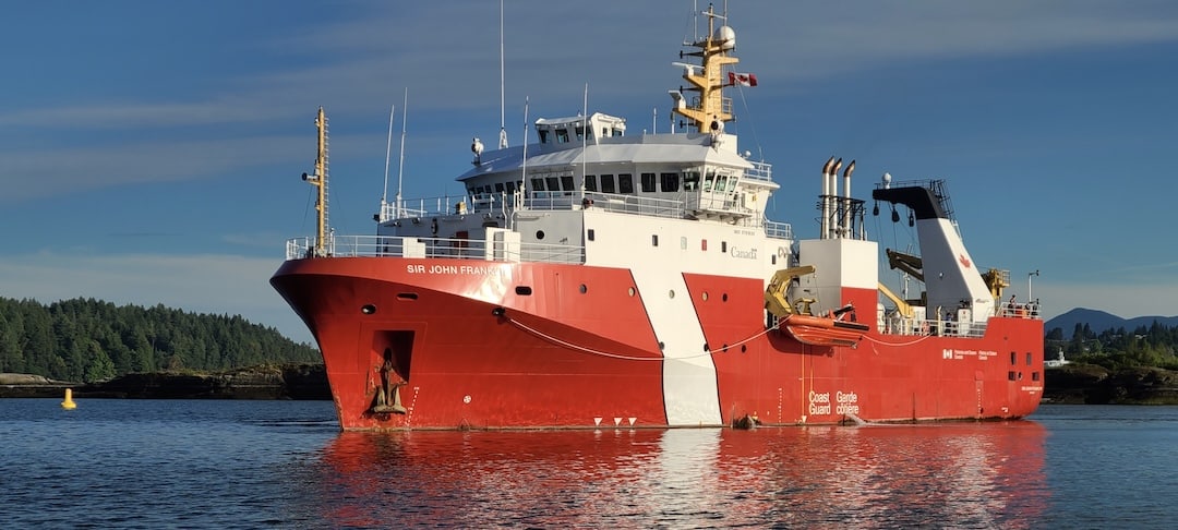 DFO research vessel Sir John Franklin conducting trawl surveys for juvenile Fraser River Chinook salmon.