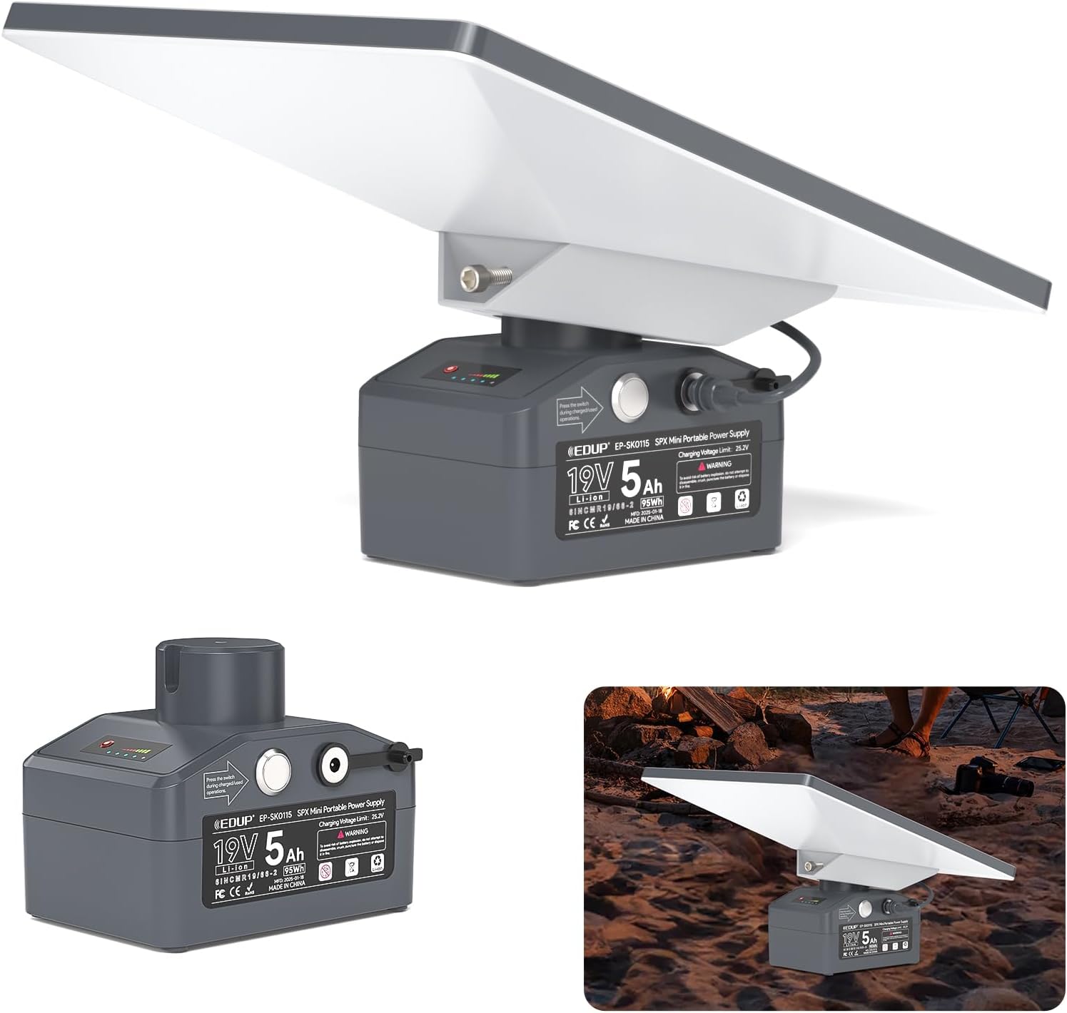 EDUP 95Wh 19V waterproof clip-on external battery pack integrated onto a Starlink Mini for boat and truck portable power.