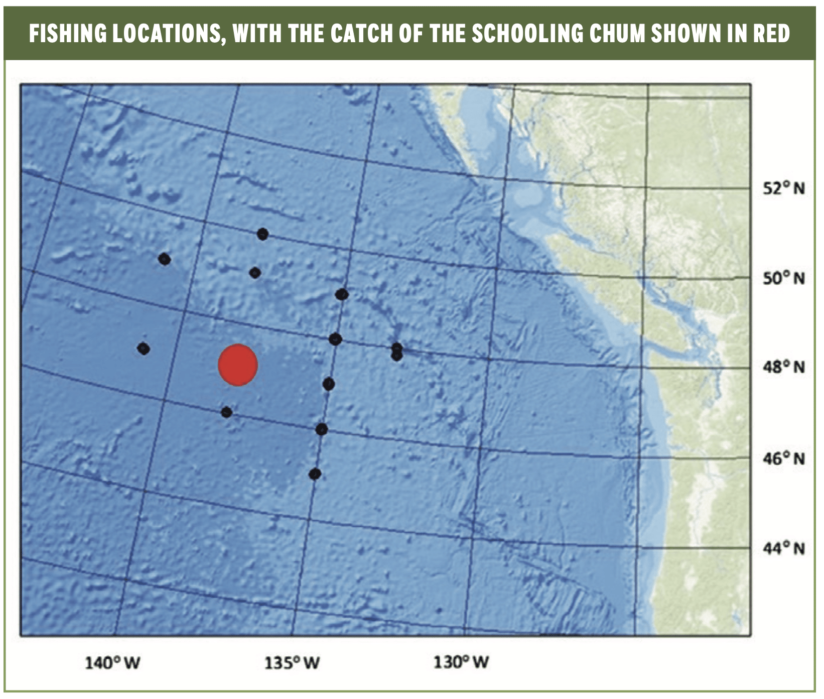 Map of research survey fishing locations in the Gulf of Alaska showing where schooling chum salmon were caught.