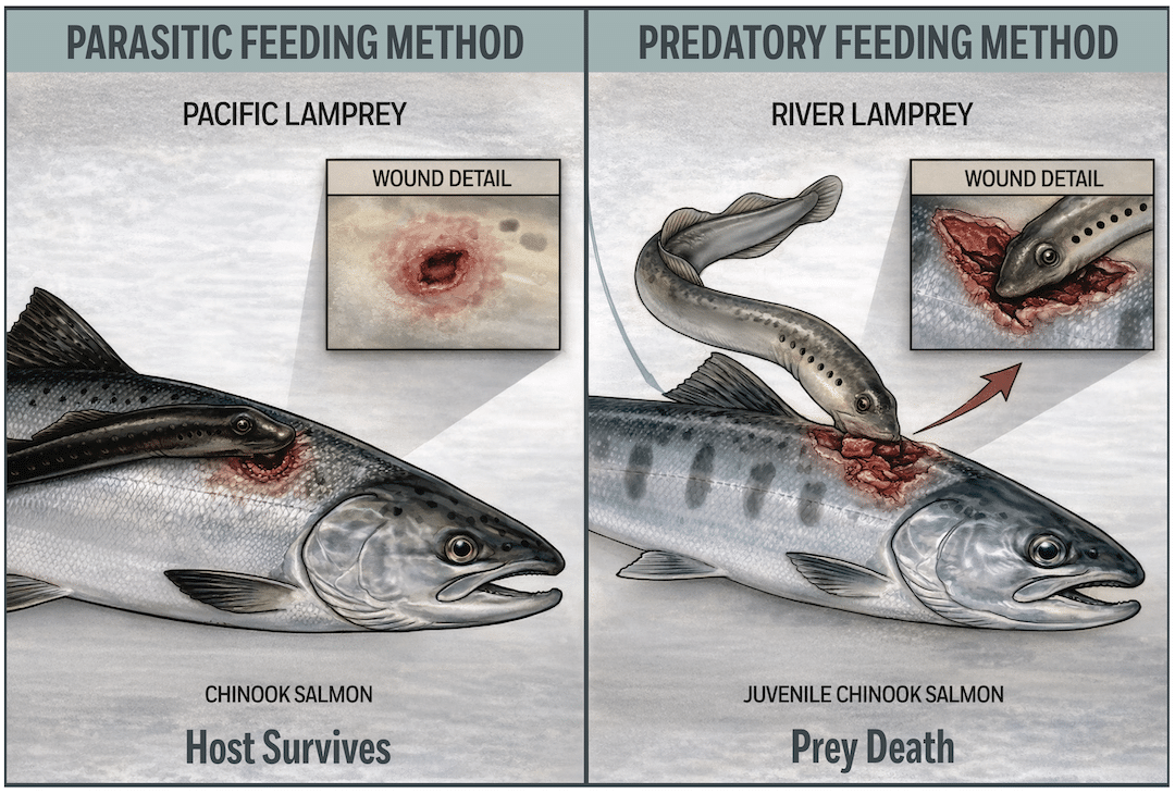 Comparison between Pacific Lamprey parasitic feeding method and River Lamprey predatory feeding method on Chinook salmon.