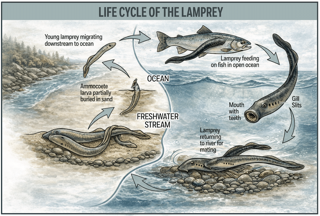 Diagram illustrating the life cycle of the lamprey from freshwater stream larva to ocean feeding phase.