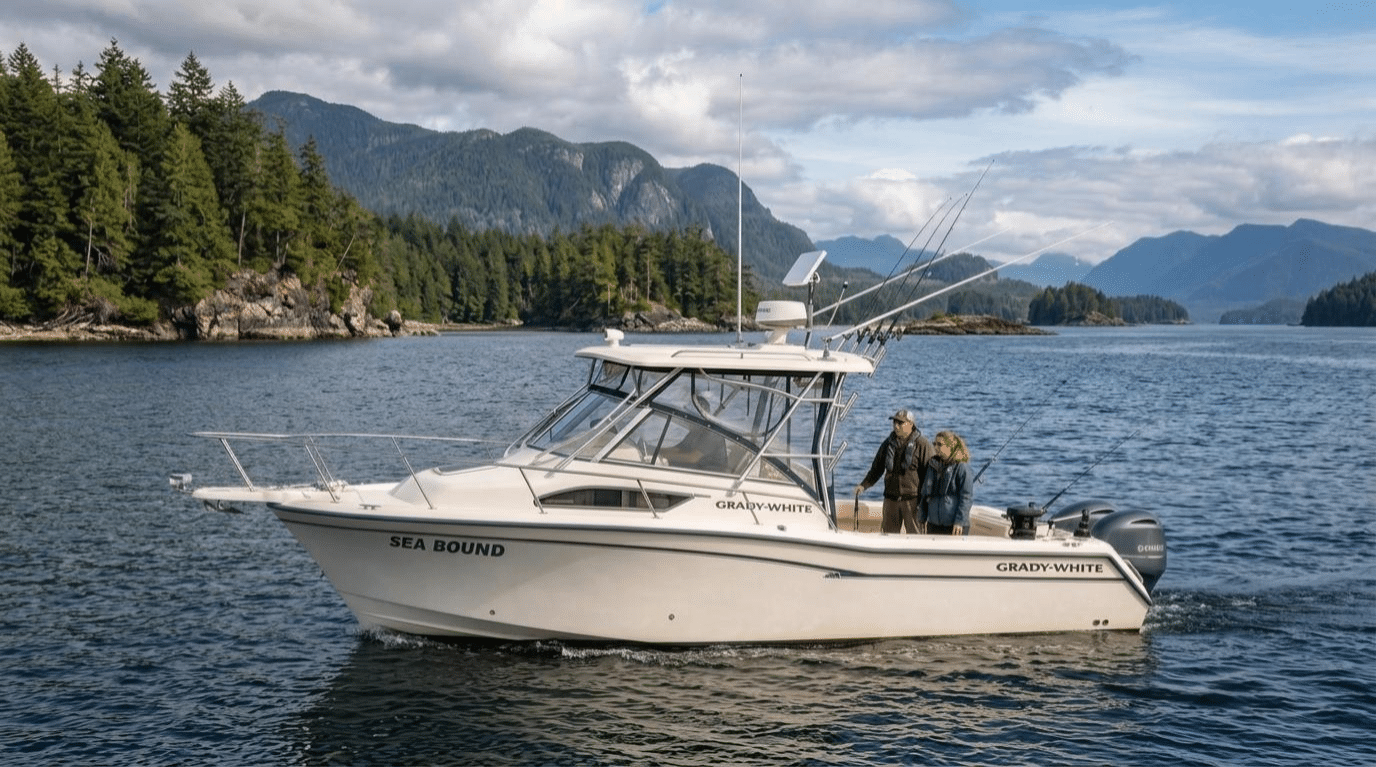 Starlink Mini for boat and truck setups demonstrated on a Grady-White boat named Sea Bound cruising the rugged coastline of Vancouver Island, British Columbia.
