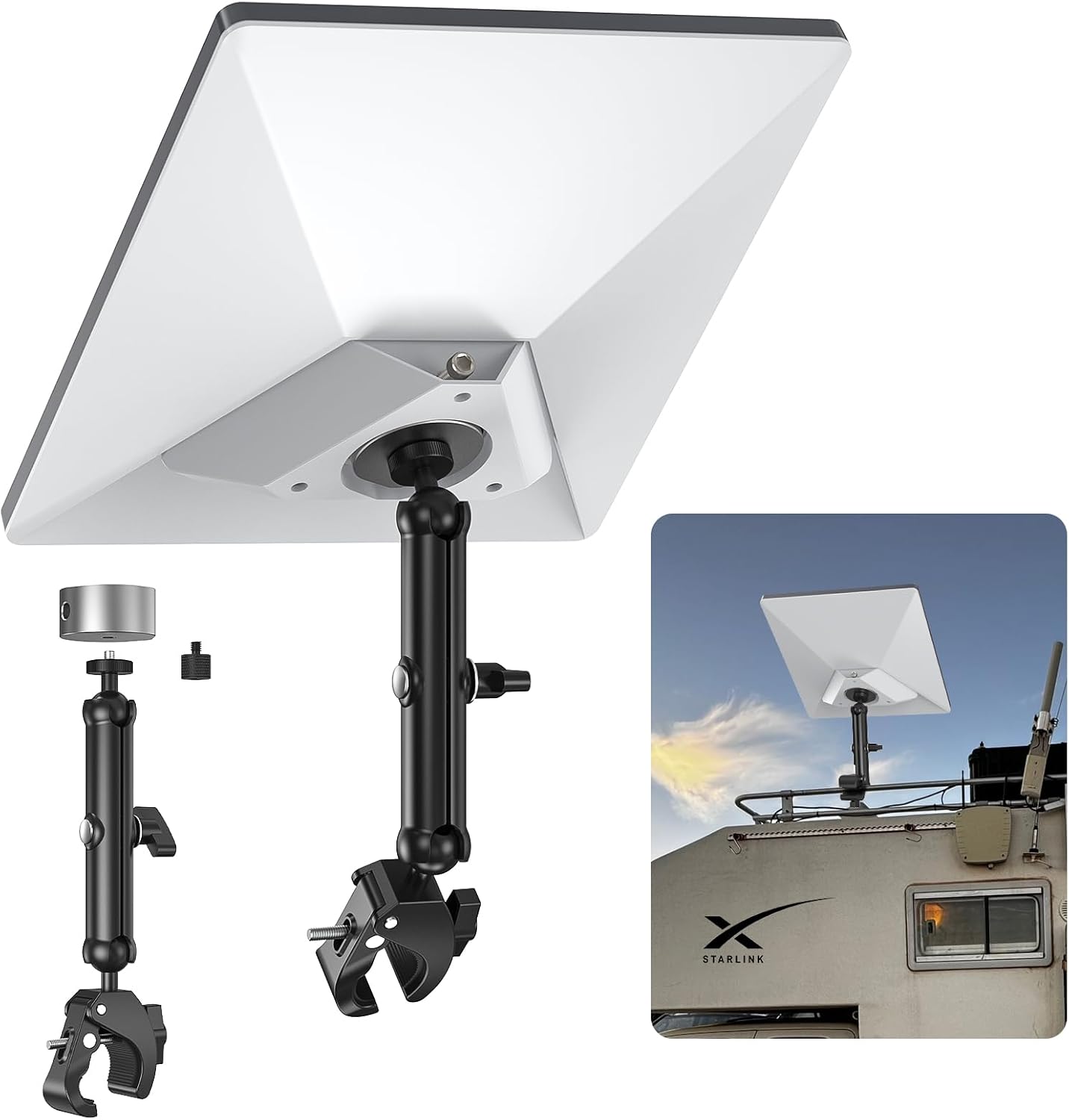 XLTTYWL CNC aluminum tripod and pole clamp mount designed for a Starlink Mini for boat and truck marine installations.