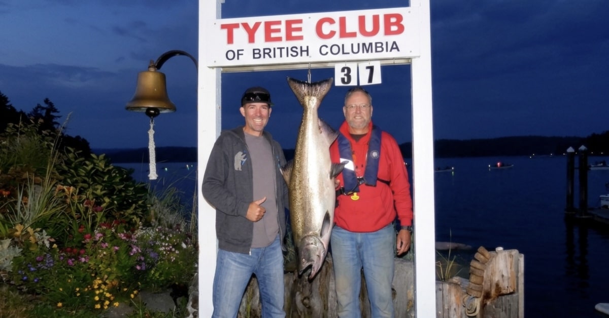 Blair Howell (left) and guide (and article author) Jeremy Maynard (right) with a 37-lb 4-year-old Quinsam Hatchery Chinook registered at the Tyee scale in 2017.