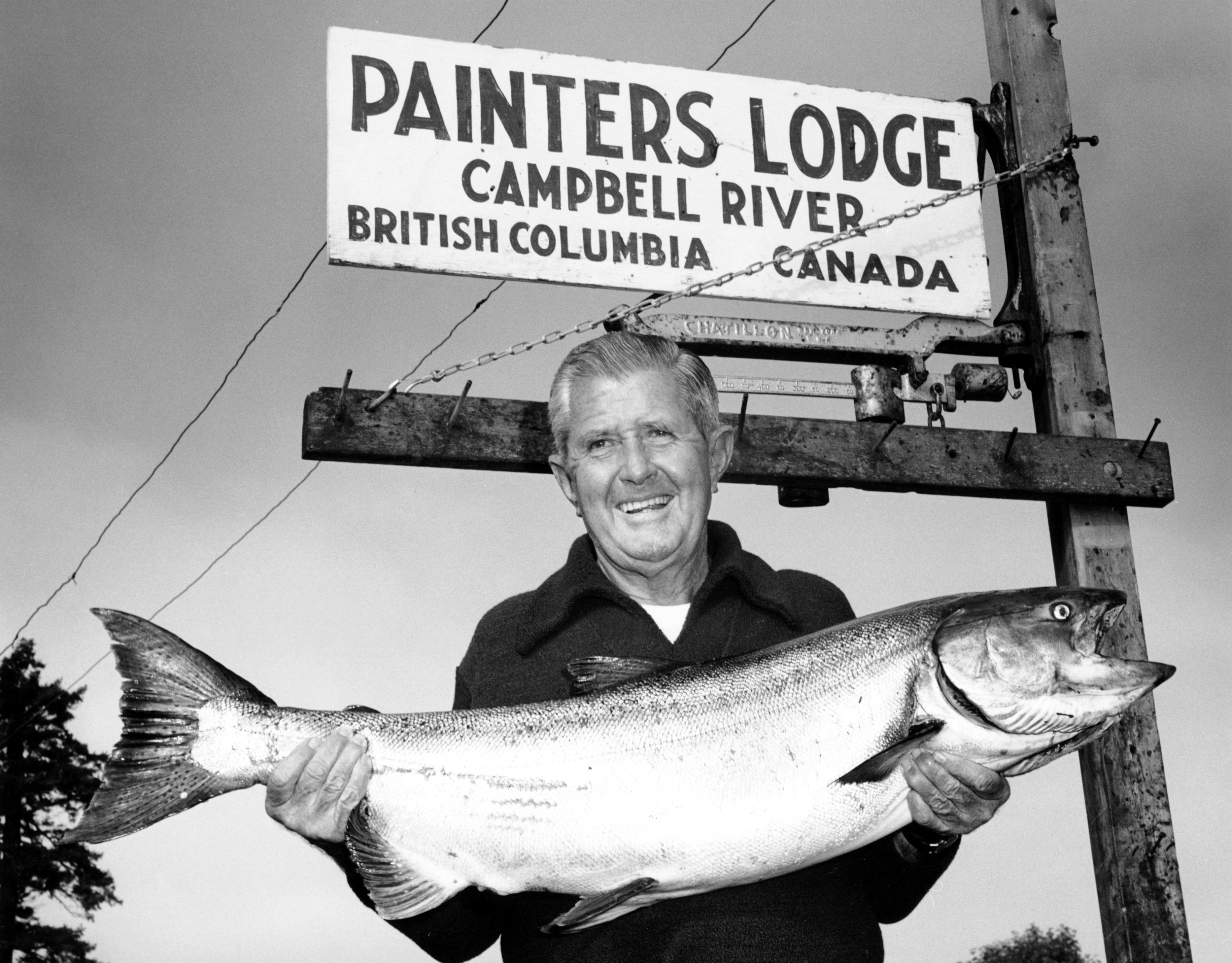 Howard Strickling of MGM Studios holding a 31 lb Tyee salmon in front of the Painters Lodge sign in 1968