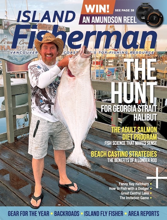 2026 BC Halibut Regulations: Daily Limit Up to 2 July 2021 Island Fisherman Magazine cover featuring the hunt for Georgia Strait halibut