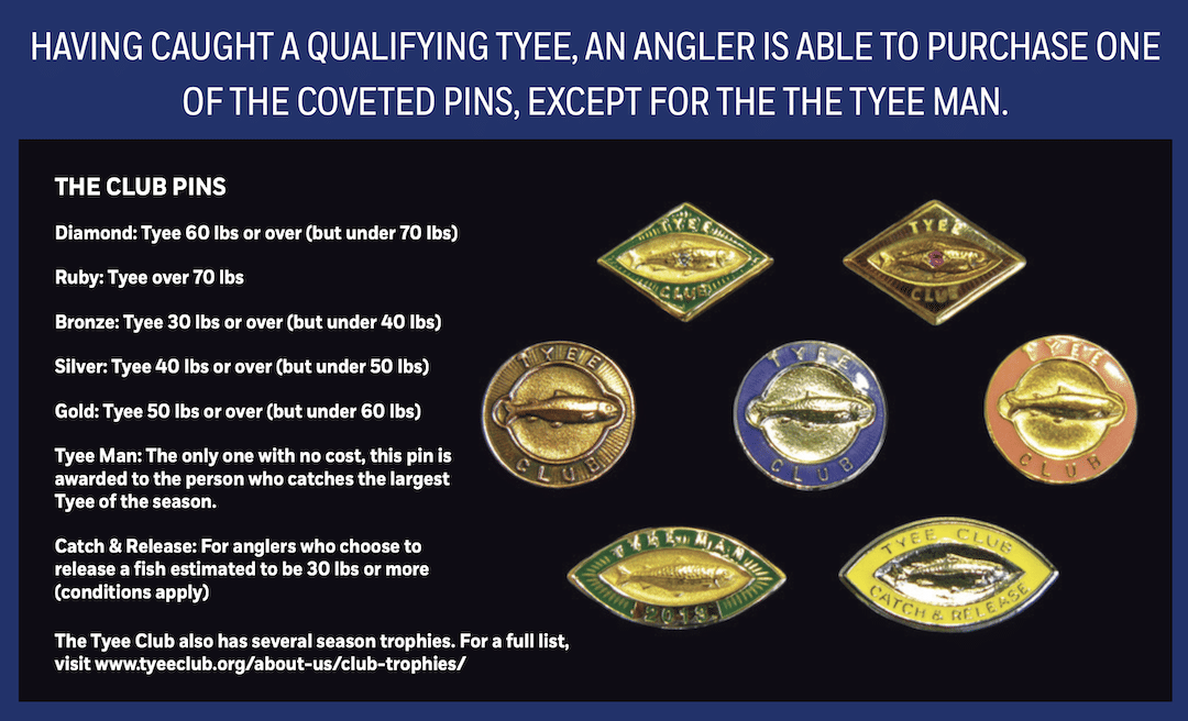 Official Tyee Club of BC achievement pins awarded by weight class: Bronze, Silver, Gold, Diamond, Ruby, Tyee Man, and Catch & Release