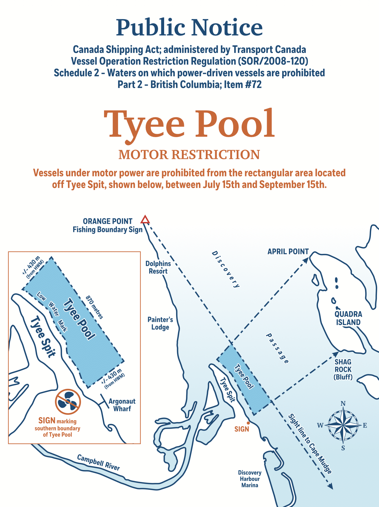 Official Transport Canada Tyee Pool motor restriction map and boundaries off Tyee Spit