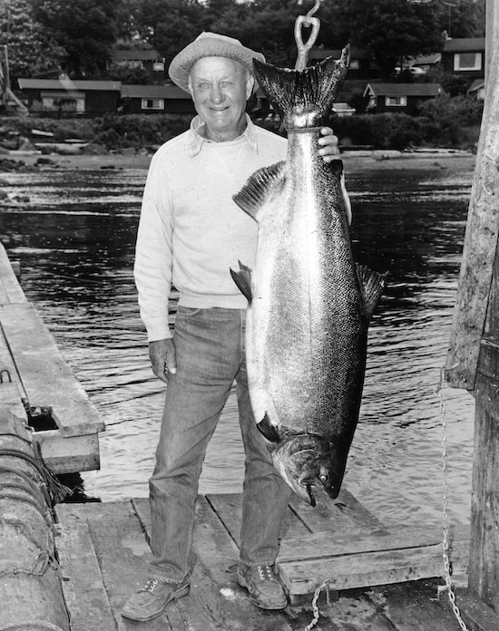 Walter Shutts with his historic 71 lb Tyee salmon caught in 1968 at the Tyee Club scale