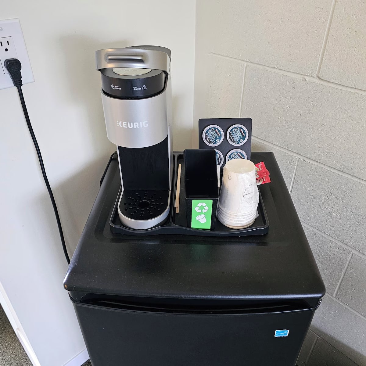 Quiet Comfort: Pacific Rim Motel in Ucluelet In-room Keurig coffee maker and mini-fridge station for early morning angling departures.