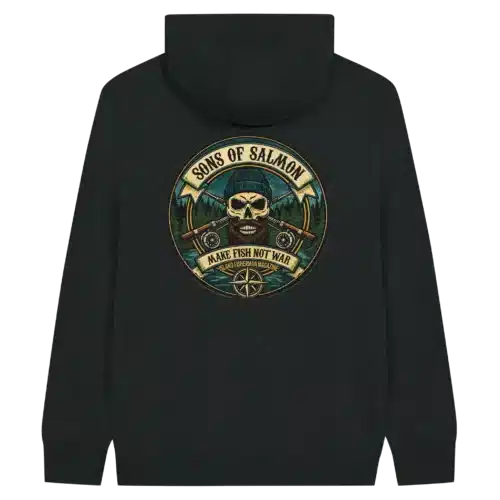 sons of salmon zip hoodie black with back logo for scull fisherman