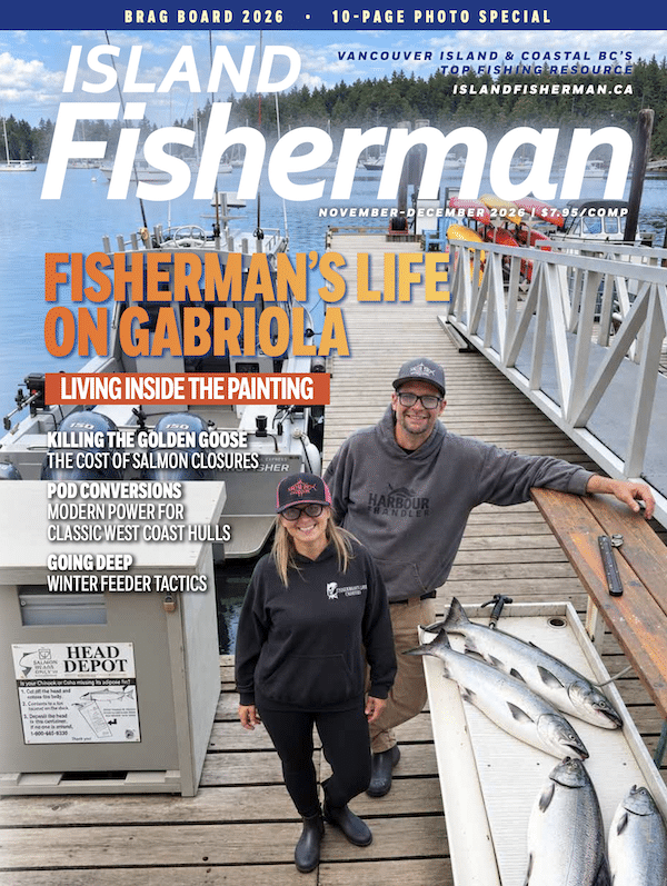 November 2026 Fishing Magazine cover Island Fisherman magazine. Shows guides "Fisherman's Life" on the dock with salmon catch in Silva Bay BC, Gabriola Island